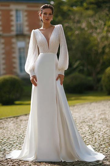 Sparkly V-Neck Long Sleeve Wedding Dress